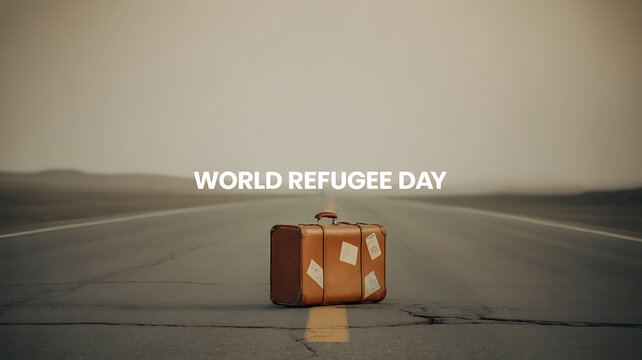 A solitary suitcase sits on an empty road under a hazy sky, symbolizing displacement and migration on World Refugee Day.