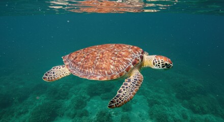 Swimming turtle in crystal clear waters tropical ocean wildlife underwater environment marine conservation