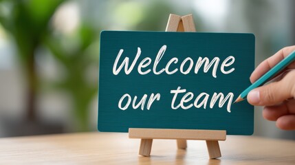 A small board on a wooden easel displays the message "Welcome our team," with a hand holding a pen nearby