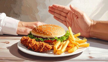 Rejecting unhealthy meal; burger, fries, chicken