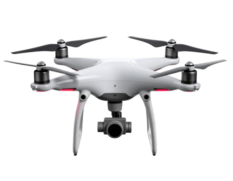 Professional Drone with Camera Front View, Hovering, isolated on transparent background