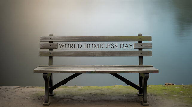 A wooden bench with 'WORLD HOMELESS DAY' engraved on the backrest, situated by a calm body of water.