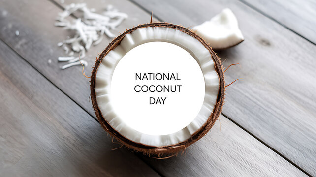 National Coconut Day celebration with a halved coconut on a wooden surface