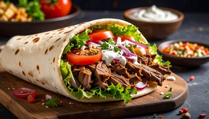 Savory meat, fresh veggies, creamy sauce in flatbread