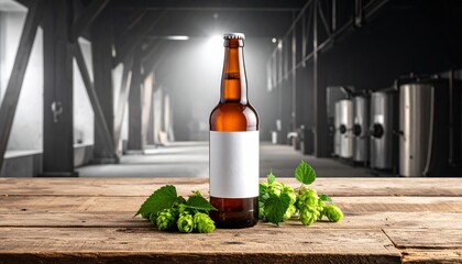 A clear glass bottle with a blank label and fresh hops sits on a rustic wooden table, bathed in dramatic lighting within a brewery
