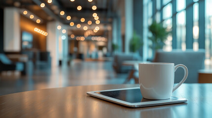 A laptop, tablet, and coffee mug with a team meeting of professionals brainstorming ideas