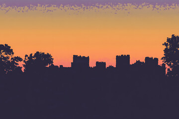Naklejka premium A hilltop castle ruins at dusk crumbling walls silhouetted against a horizon painted in deep oranges and purples