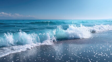 Fototapeta premium Turquoise Ocean Waves Crashing on Dark Sand Beach Under Blue Sky Seascape with Sparkling Water Surface and Distant Horizon