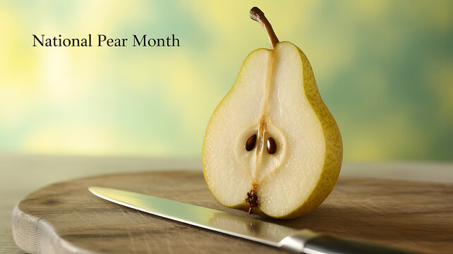 A halved pear on a wooden cutting board with a knife, celebrating National Pear Month