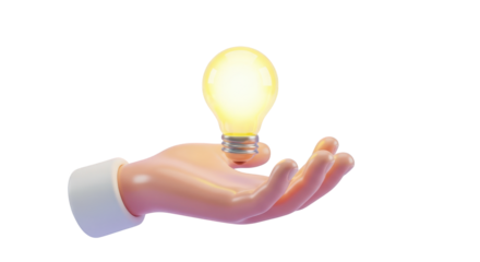 Stylized hand holding a glowing light bulb isolated on a transparent background idea