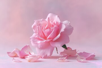 Delicate Pink Rose - Soft Lighting, Fallen Petals, Elegant Still Life.