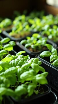 Rows of Young Basil Plants in Black Pots