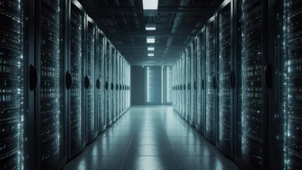 Fototapeta premium Futuristic Data Center Server Room with Rows of Rack Servers.