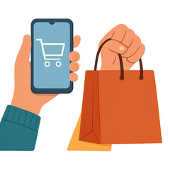 Online shopping concept with hand holding smartphone showing shopping cart icon and another hand holding shopping bag black friday clipart png