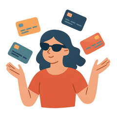Black friday clipart png transparent image of woman juggling credit cards with confidence and style in colorful illustration