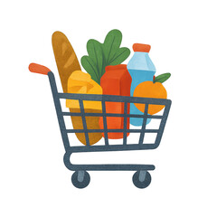 Grocery shopping clipart with transparent background showing cart filled with bread, juice, milk, leafy greens, and fruit colorful black friday
