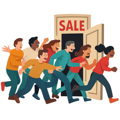 Black Friday clipart png transparent image shows diverse people excitedly running into sale event with joy and enthusiasm