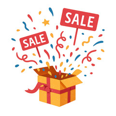 Black friday sale clipart png transparent gift box with confetti and sale signs bursting out in colorful celebration