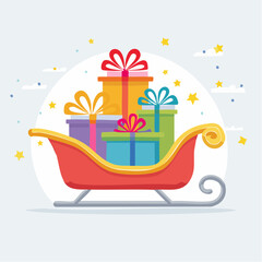 
A vibrant red sleigh is overloaded with a massive stack of colorful Christmas gifts, ready for delivery on a magical, starry holiday night!