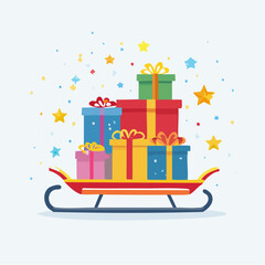 
A vibrant red sleigh is overloaded with a massive stack of colorful Christmas gifts, ready for delivery on a magical, starry holiday night!