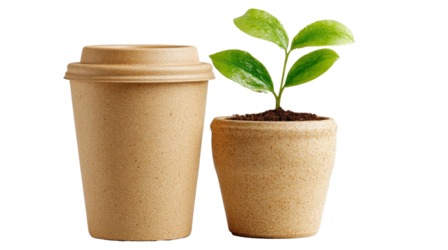 Sustainable Sip: A takeaway cup made of natural materials sits proudly beside a burgeoning plant, symbolizing eco-friendly choices, the blend of consumption and conservation in this optimistic image.