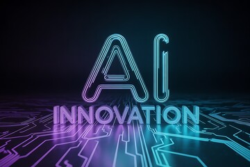 Dynamic AI innovation concept glowing with vibrant neon lights on a futuristic circuit board background symbolizing technological advancement and digital transformation