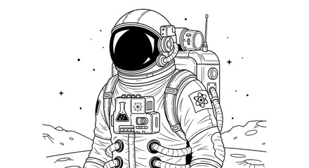Obraz premium Intricate black and white line art of an astronaut explorer on a desolate planet, a detailed vector illustration for coloring or science fiction themes