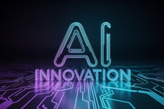 Dynamic AI innovation concept glowing with vibrant neon lights on a futuristic circuit board background symbolizing technological advancement and digital transformation
