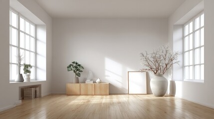 living. Minimalist living space with wooden floors and white walls, bathed in soft natural light for a tranquil ambiance. lifestyle magazines.