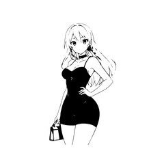 Black and white hot anime character line art illustration, stylish minimal outline drawing in clean style