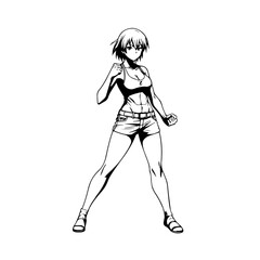 Black and white hot anime character line art illustration, stylish minimal outline drawing in clean style