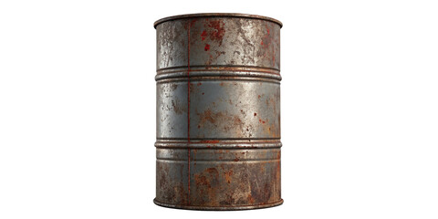 Rusty Industrial Metal Barrel with Corrosion and Red Stains Isolated on Black
Weathered Rusty Oil Drum with Scratches, Dents, and Oxidation on Dark Background
