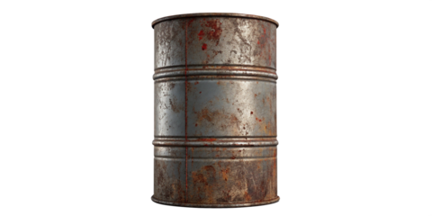 Rusty Industrial Metal Barrel with Corrosion and Red Stains Isolated on Black
Weathered Rusty Oil Drum with Scratches, Dents, and Oxidation on Dark Background