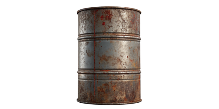 Rusty Industrial Metal Barrel with Corrosion and Red Stains Isolated on Black
Weathered Rusty Oil Drum with Scratches, Dents, and Oxidation on Dark Background