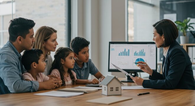 Financial consultation session office infographic presentation modern workspace professional viewpoint family engagement