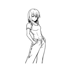Black and white hot anime character line art illustration, stylish minimal outline drawing in clean style