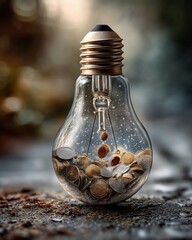 Investment money visual with light bulb emerging from coins in double exposure style surreal light bulb emerging from coins for success idea, artistic light bulb emerging from coins with radiant glow