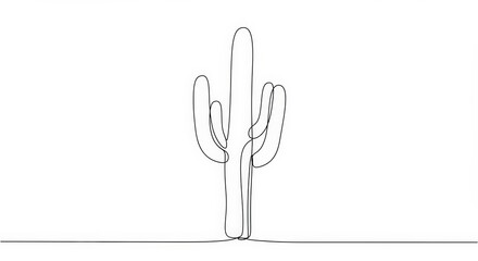 A minimalist line drawing of a saguaro cactus, a single continuous black line capturing its iconic shape. Isolated on a white background.