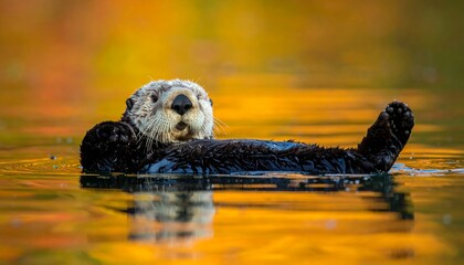 Relaxed otter floats on golden water