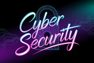Protect your digital world with vibrant neon cyber security graphics featuring a stylized lock and circuit board elements, perfect for tech and business themes.