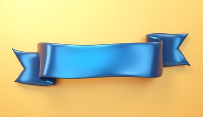 Blue ribbon banner 3d render - illustration of glossy text box for title sign or advertising message, Blue ribbon banner on golden background, Blue ribbon banner flex 
