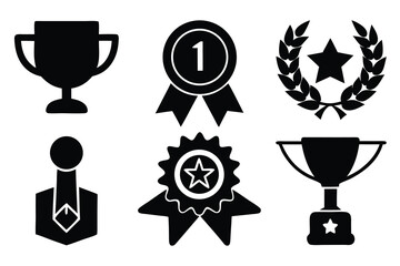 Vector art of a collection of six black and white award icons, including a trophy, a laurel wreath, and a ribbon with the number one on it