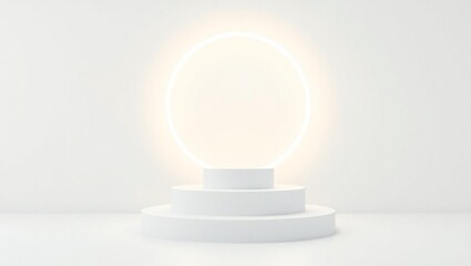 Minimalist white podium with bright spotlight illuminating the top