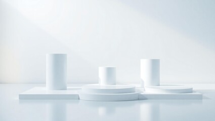 Minimalist white podiums and cylinders arranged on a reflective surface