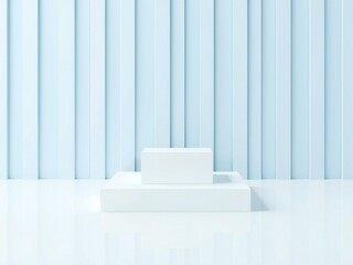 Minimalist white podium with soft blue and light blue vertical background