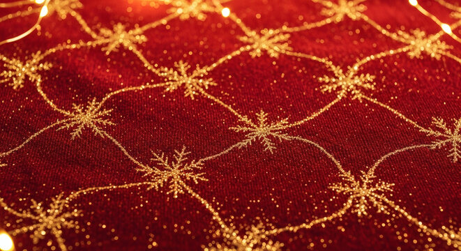 A close-up of a shimmering, festive red fabric decorated with elegant golden snowflake patterns, evoking a sense of warmth and holiday cheer.