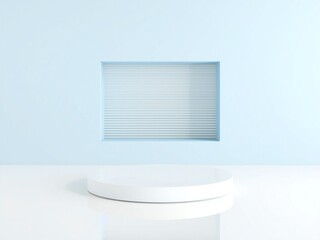 Minimalist product display stage with soft blue background and recessed shelf