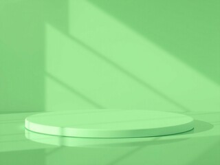 Minimalist green pedestal with geometric shadows and light
