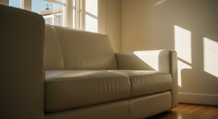 Modern Beige Leather Sofa Bathed in Sunlight Near Window
