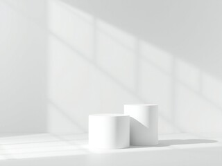 Clean white pedestals with diagonal light and shadow on textured wall